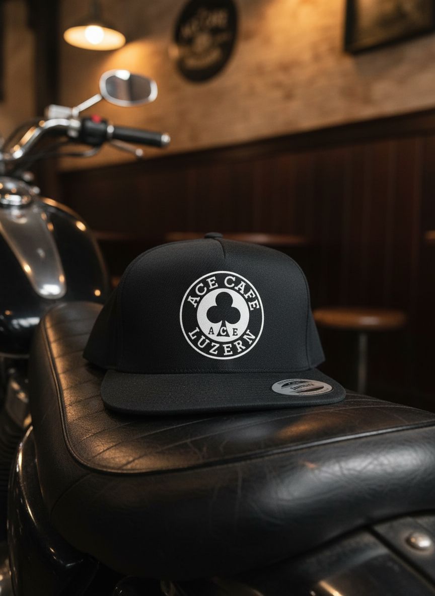 Black Flexfit snapback with a white logo on a leather bench in a vintage biker setting