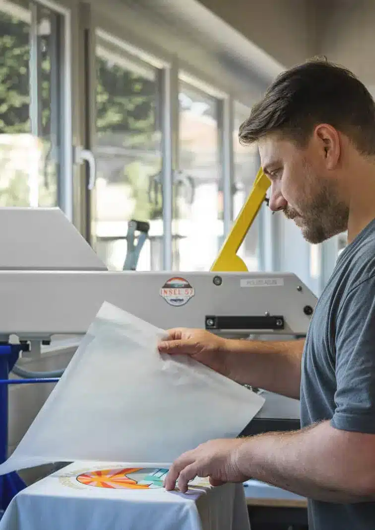 Fritz printing a T-shirt on the heat press in the Fabrik4 workshop