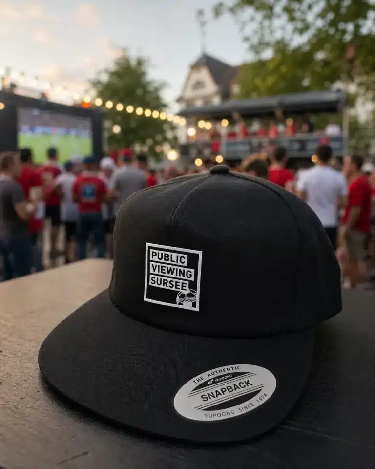 Public Viewing Sursee event cap mockup with a football backdrop