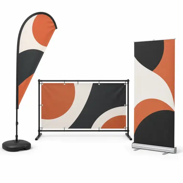 Beach flag, PVC banner and roll-up in the Fabrik4 visual style