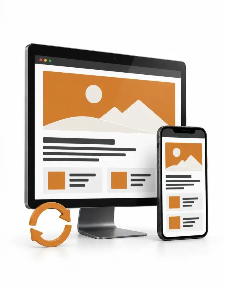 Illustration: website on desktop and smartphone with an amber update symbol