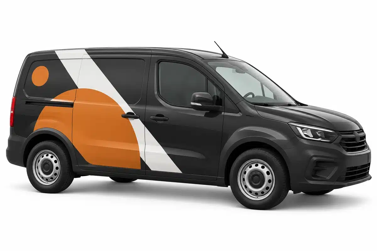 Vehicle graphics visualisation with orange and white geometric shapes on a black van