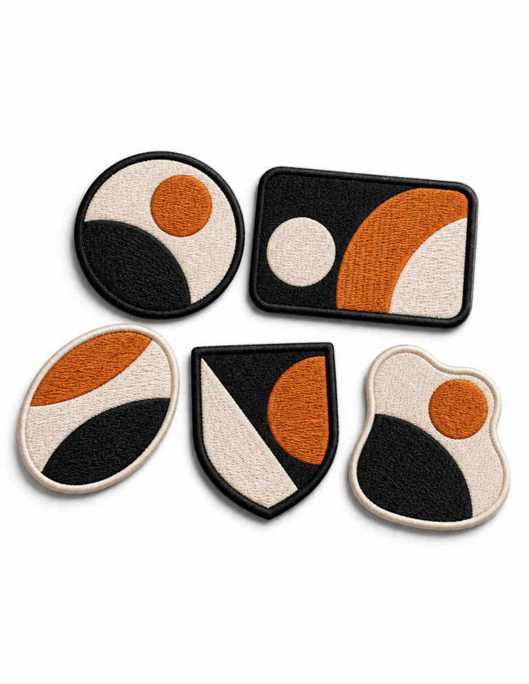 Five embroidered geometric patches in orange, black and off-white on a white background, product visualisation