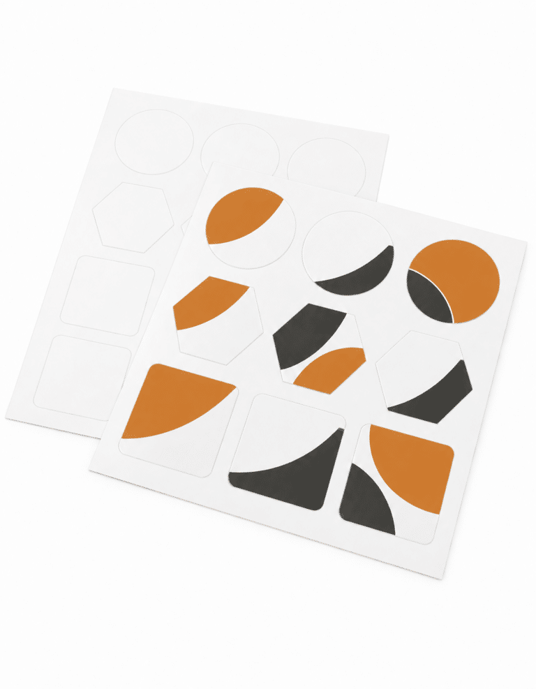 Sticker sheet with round, hexagonal and square orange and black Fabrik4 designs, product visualisation
