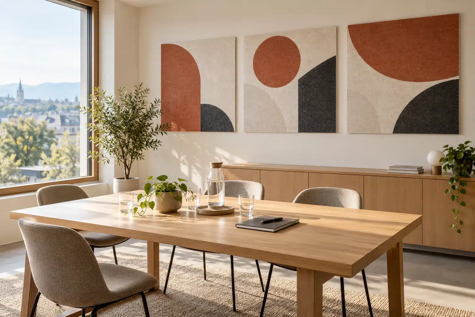 Illustrative Bürogestaltung mit drei bedruckten Akustikfilzbildern im Sitzungszimmer