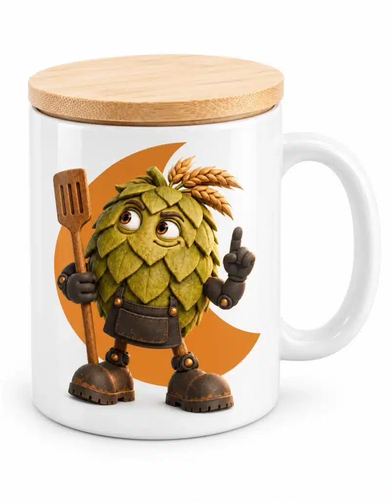 300-ml-Keramiktasse mit Hops-Figurenmotiv im Sublimationsdruck, Henkel und Bambusdeckel 300-ml-Keramiktasse mit Hops-Figurenmotiv im Sublimationsdruck, Henkel und Bambusdeckel