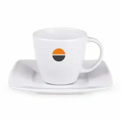Manhattan, Espressotasse mit Logo und Untertasse, 90 ml, mit zweifarbigem geometrischem Beispieldruck Manhattan, Espressotasse mit Logo und Untertasse, 90 ml, mit zweifarbigem geometrischem Beispieldruck