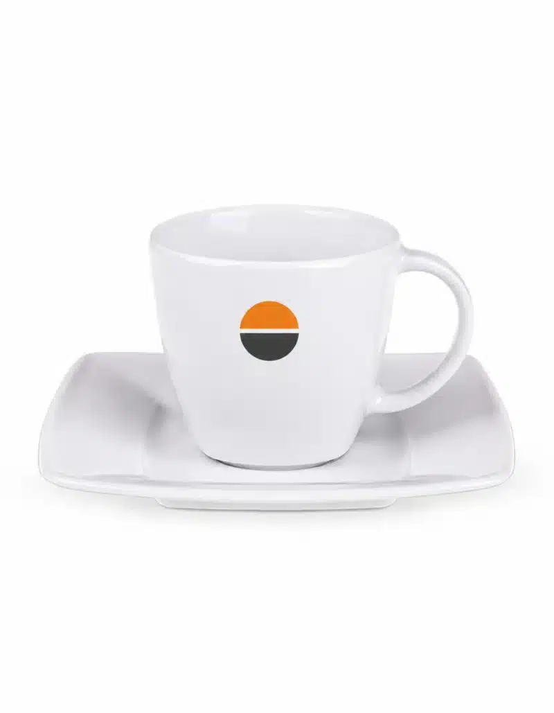 Manhattan, Espressotasse mit Logo und Untertasse, 90 ml, mit zweifarbigem geometrischem Beispieldruck Manhattan, Espressotasse mit Logo und Untertasse, 90 ml, mit zweifarbigem geometrischem Beispieldruck