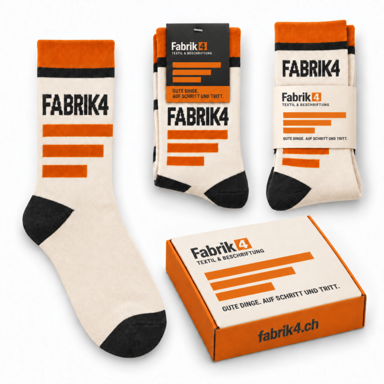 Socken und Verpackungen im Fabrik4-Design, visualisiertes Gestaltungsbeispiel